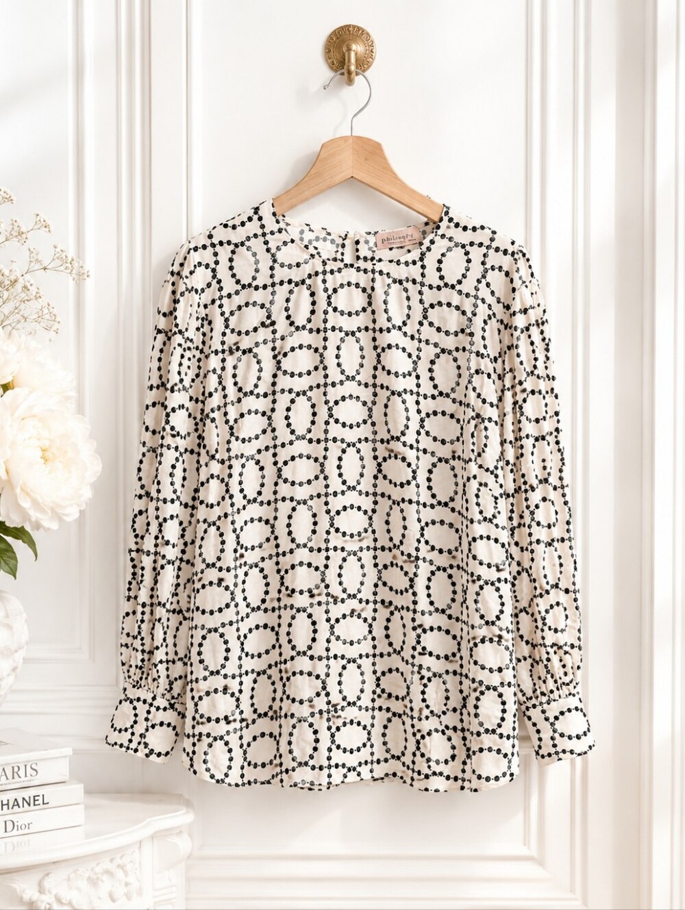 Philosophy Blouse | Size 3X | Ivory Black Geometric Print Long Sleeve Top - Picture 6 of 11